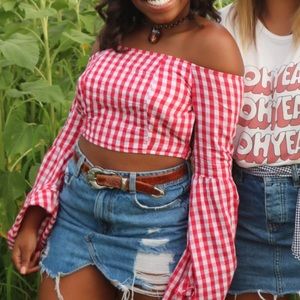 LF Red Gingham Off-Shoulder Crop Top